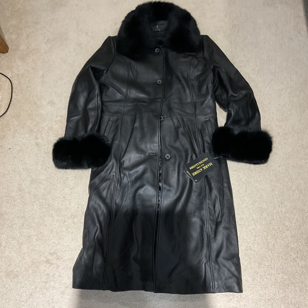 Mark Andre New York Black Leather Trench Coat Fur Collar Cuffs 3XL Italy Skin
